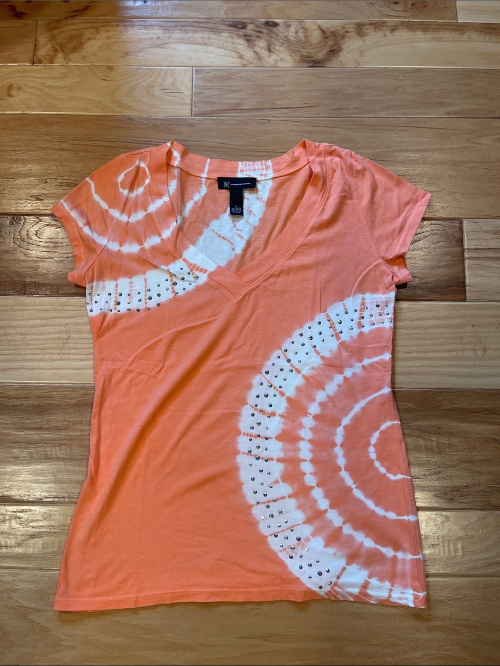 INC International Concepts Coral and White Tie-Dye V-Neck Tee with Stud Accents